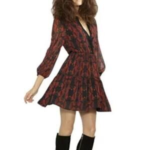 Alice + Olivia Red Black Print Tiered Shift Dress Long Sleeve Women's 4/Small
